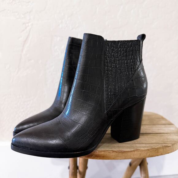 Marc Fisher Alva Croc Embossed Leather Block Heels Boots Black Old Money 7.5 NEW - Picture 6 of 11